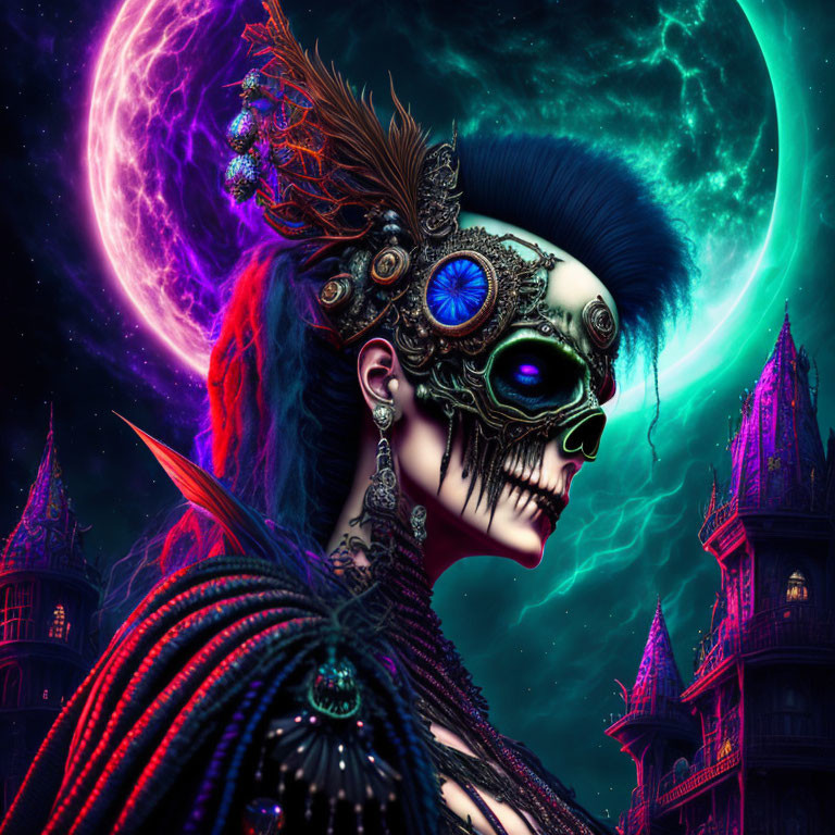 Gothic skeletal figure in elaborate attire under purple moon