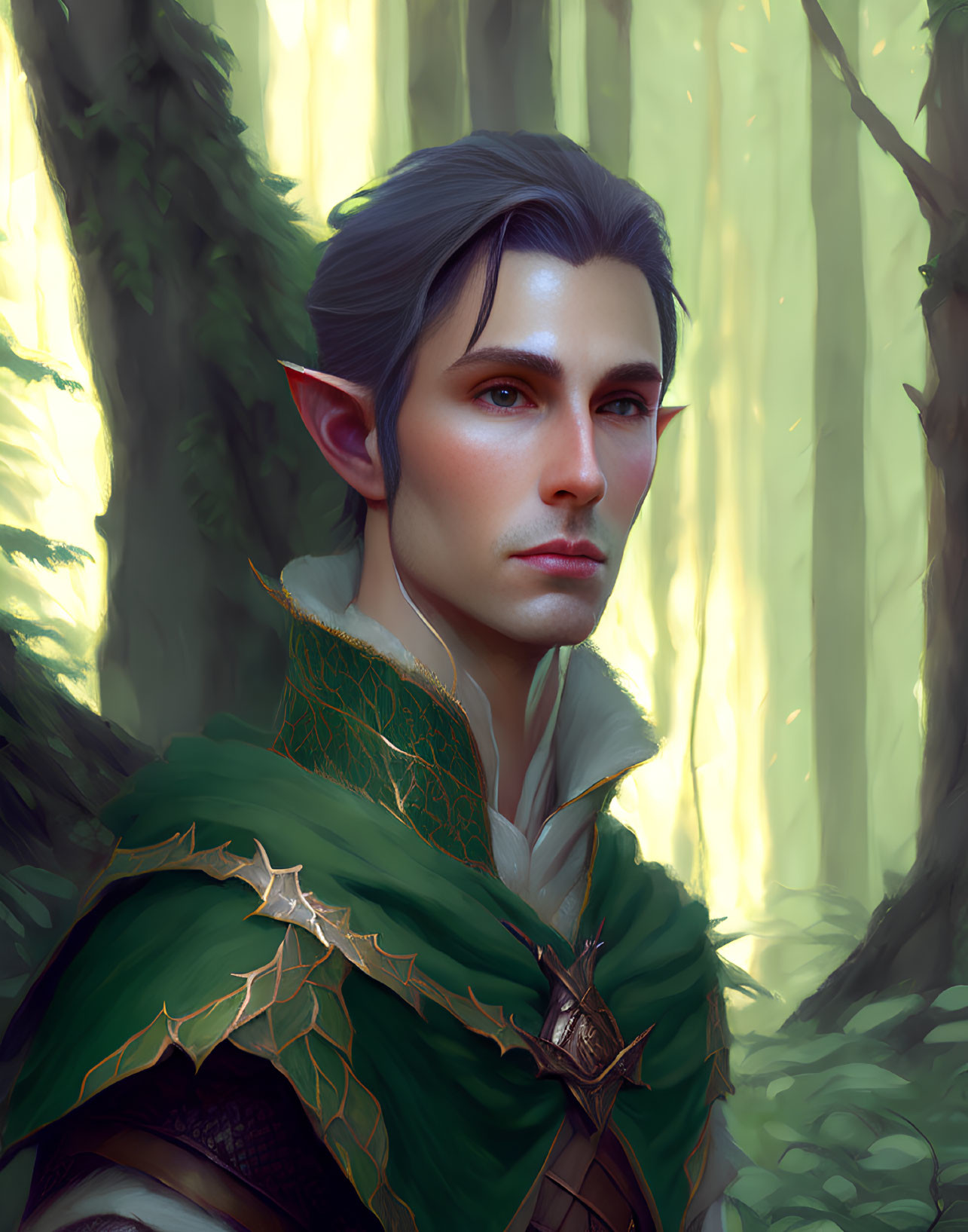 Elven male illustration in green cloak with golden leaf motifs