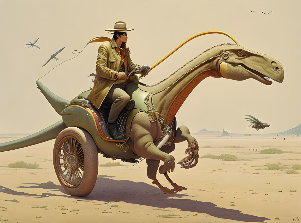 Adventure Attire Person Riding Stylized Dinosaur in Desert Landscape