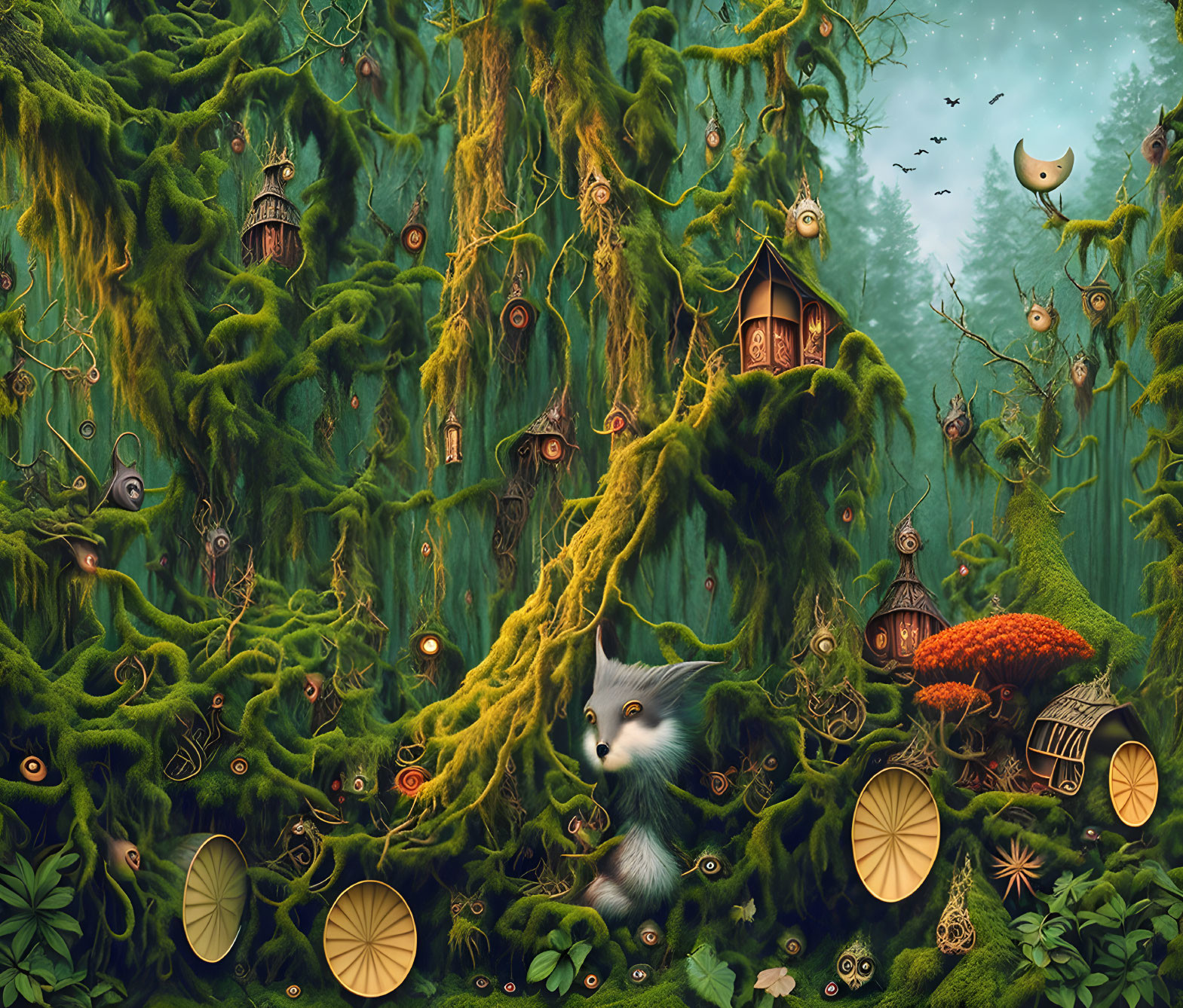 Whimsical forest scene with birdhouses, white cat, mushrooms, and crescent moon