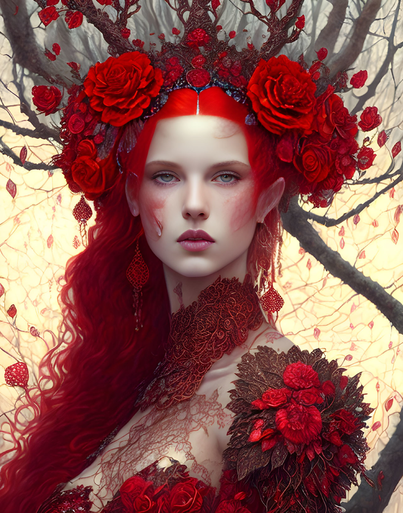 Red-haired woman in floral crown surrounded by intricate foliage.