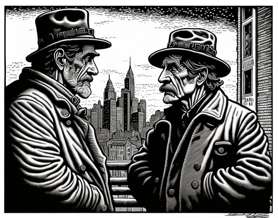 Two men in hats labeled "DETECTIVES" in front of city skyline and "Island Laundry