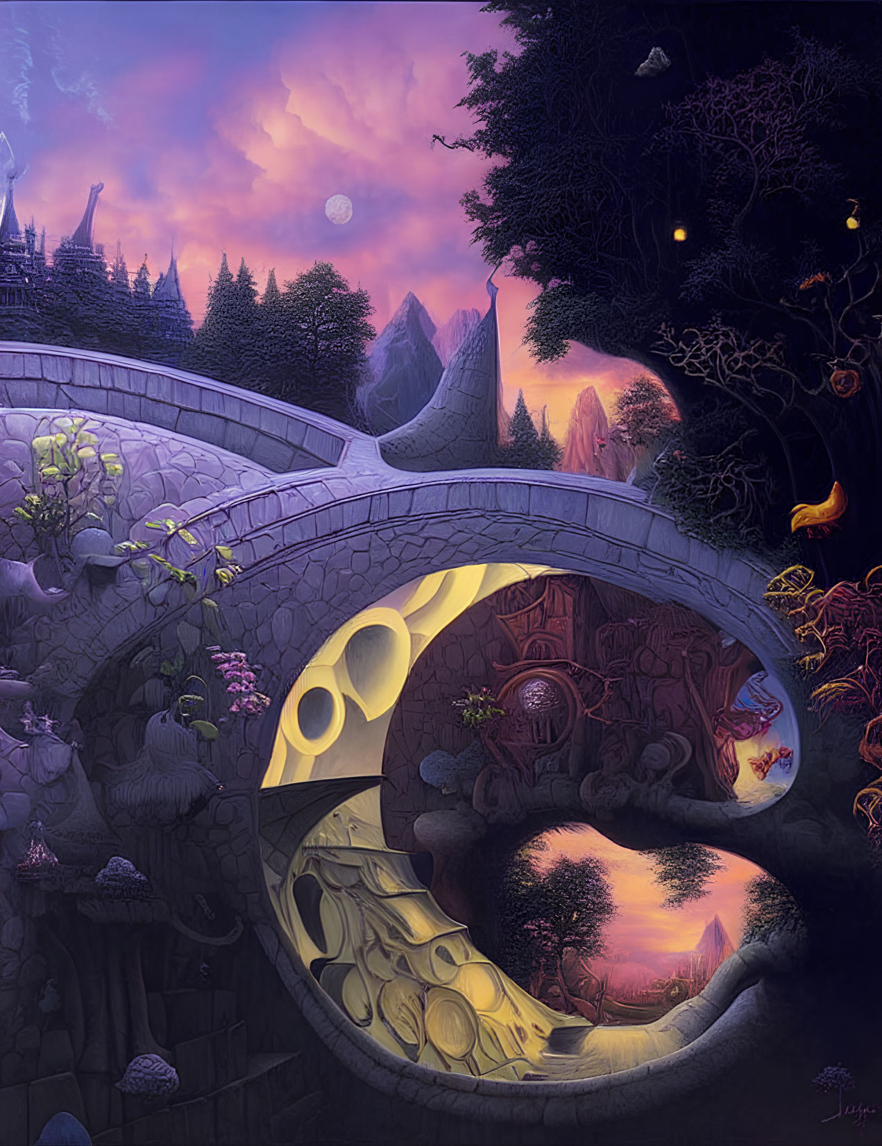 Whimsical circular architecture in a fantastical landscape