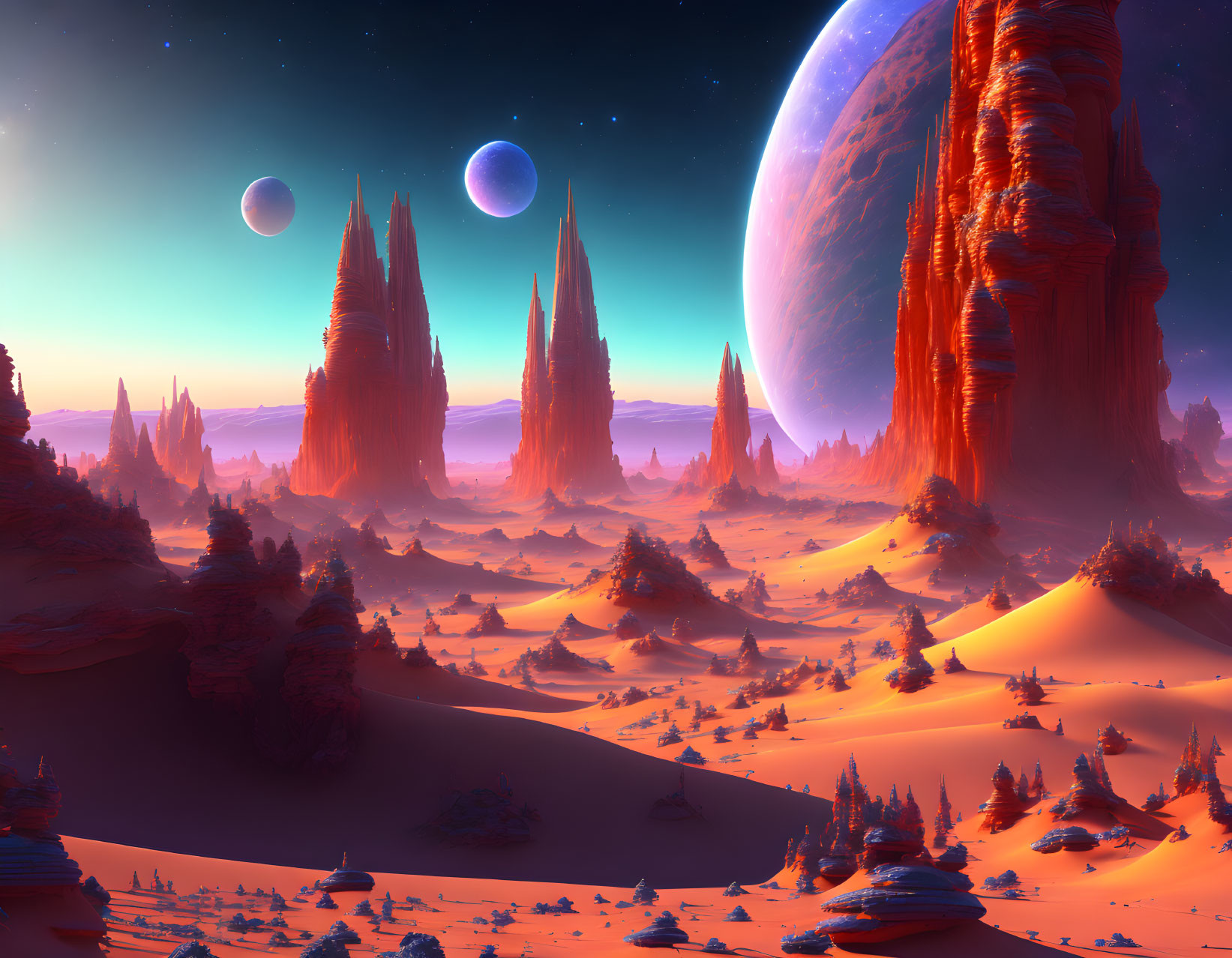 Vibrant Sci-Fi Landscape with Rock Formations and Red Desert