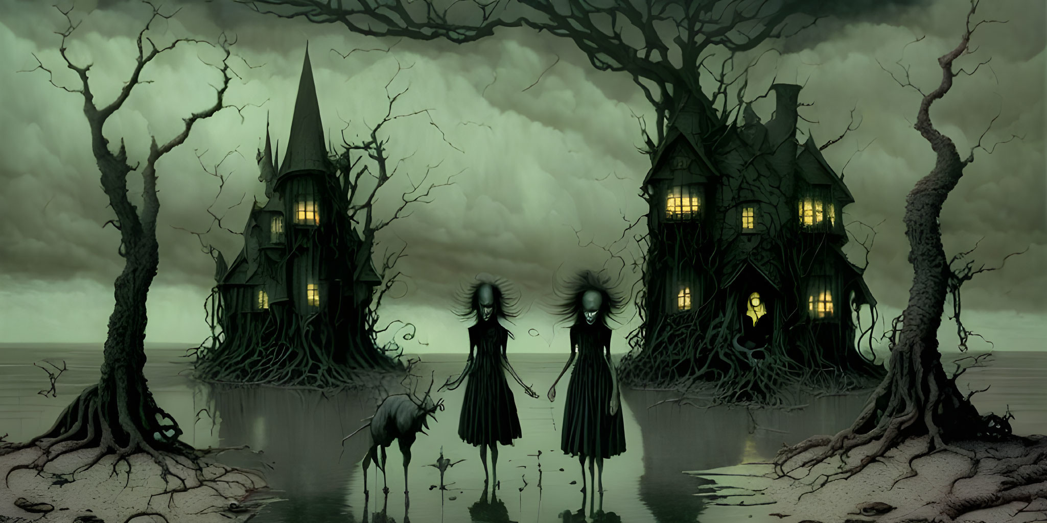 Eerie landscape with haunted houses and twisted trees