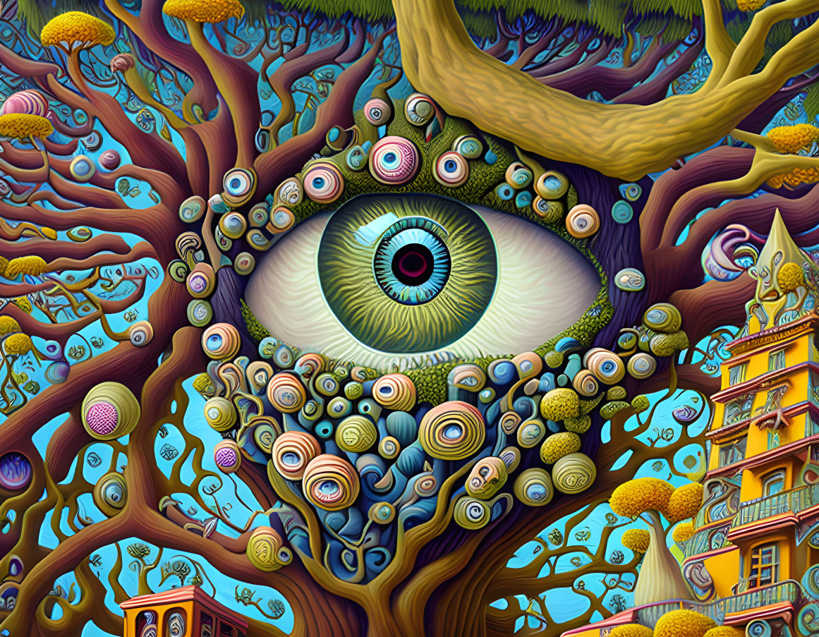 Colorful surreal art with central eye and whimsical elements