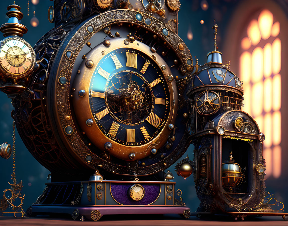 Steampunk clockwork device with gears, cogs, globe, and clocks in warm lit room