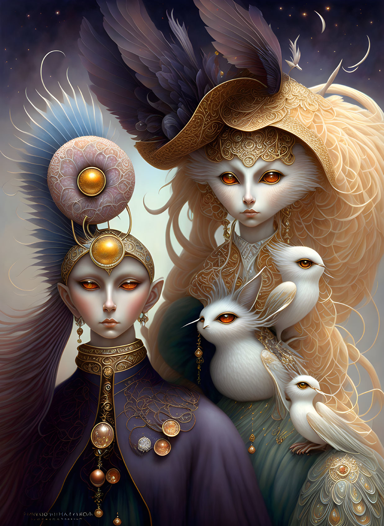 Ethereal figures with ornate masks and headpieces among white birds in starry setting