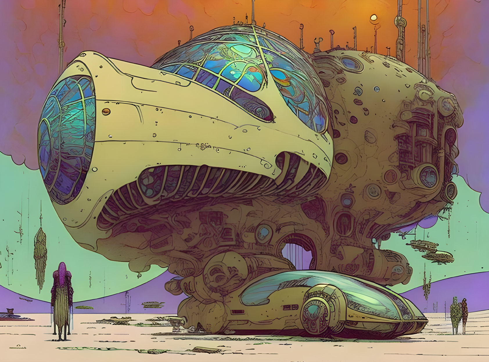 Futuristic building with skull-like facade and intricate dome under colorful sky