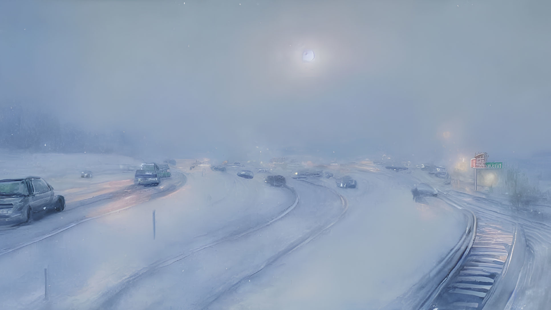 Snowy highway at night: Vehicles in hazy moonlight