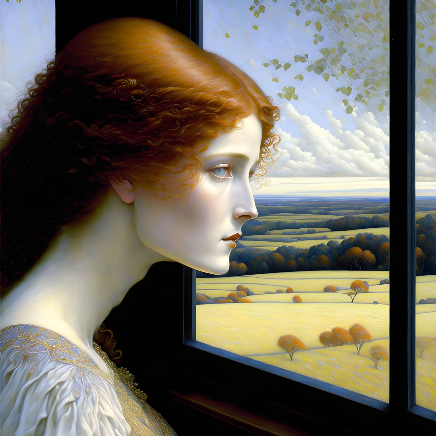 Red Curly-Haired Woman Looking Out Window at Pastoral Landscape