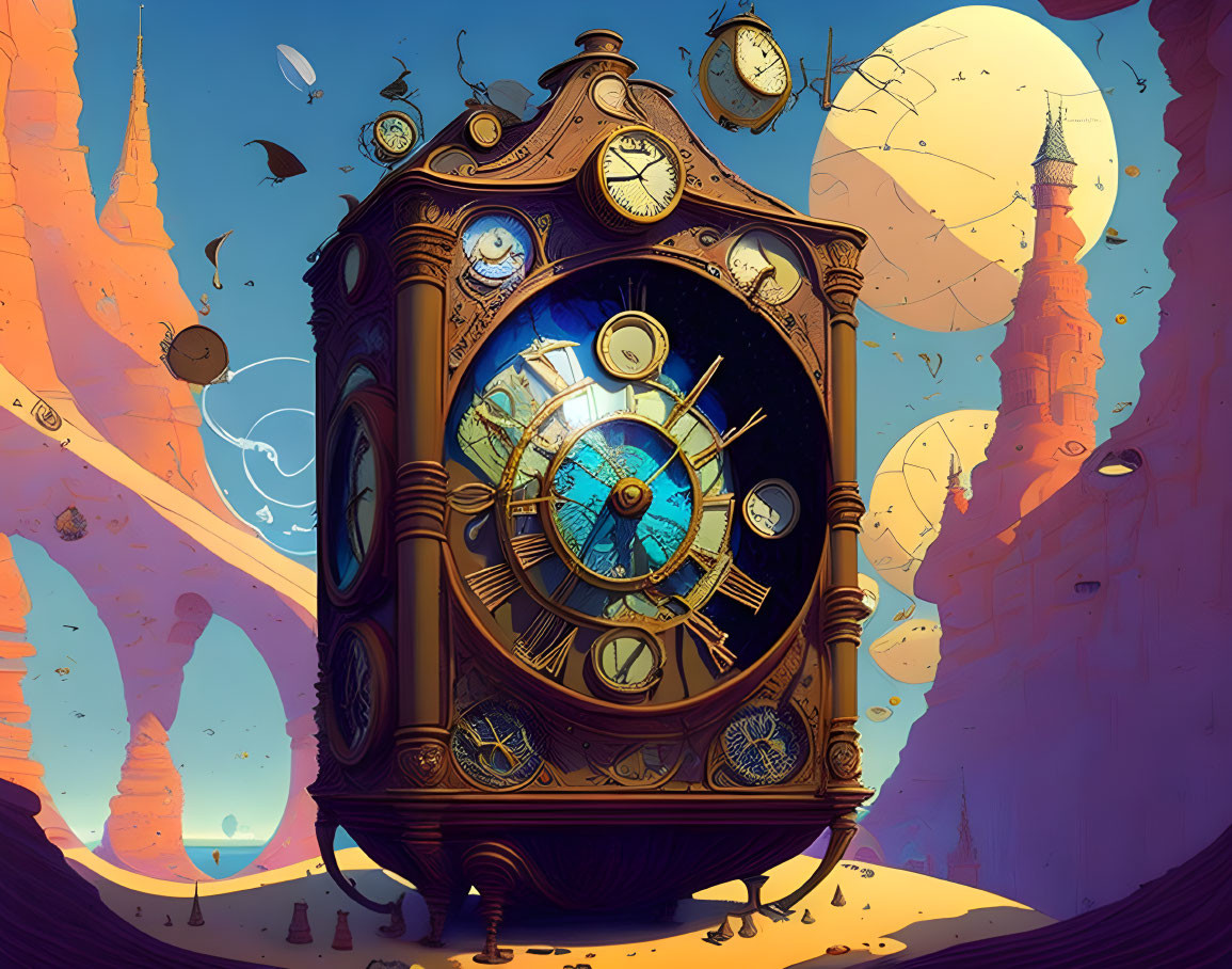 Ornate clock with visible gear mechanism against fantastical backdrop