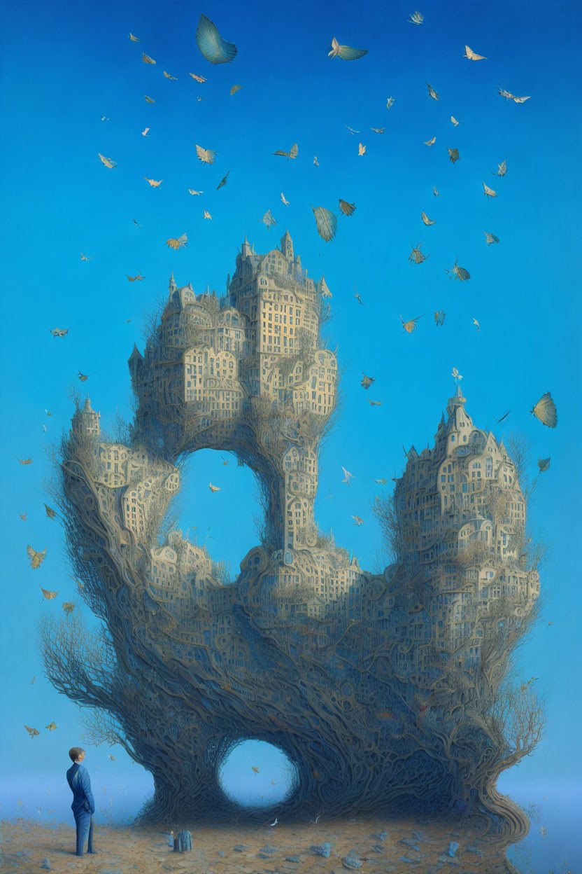 Surreal tree with cityscape branches and flying fish in blue sky