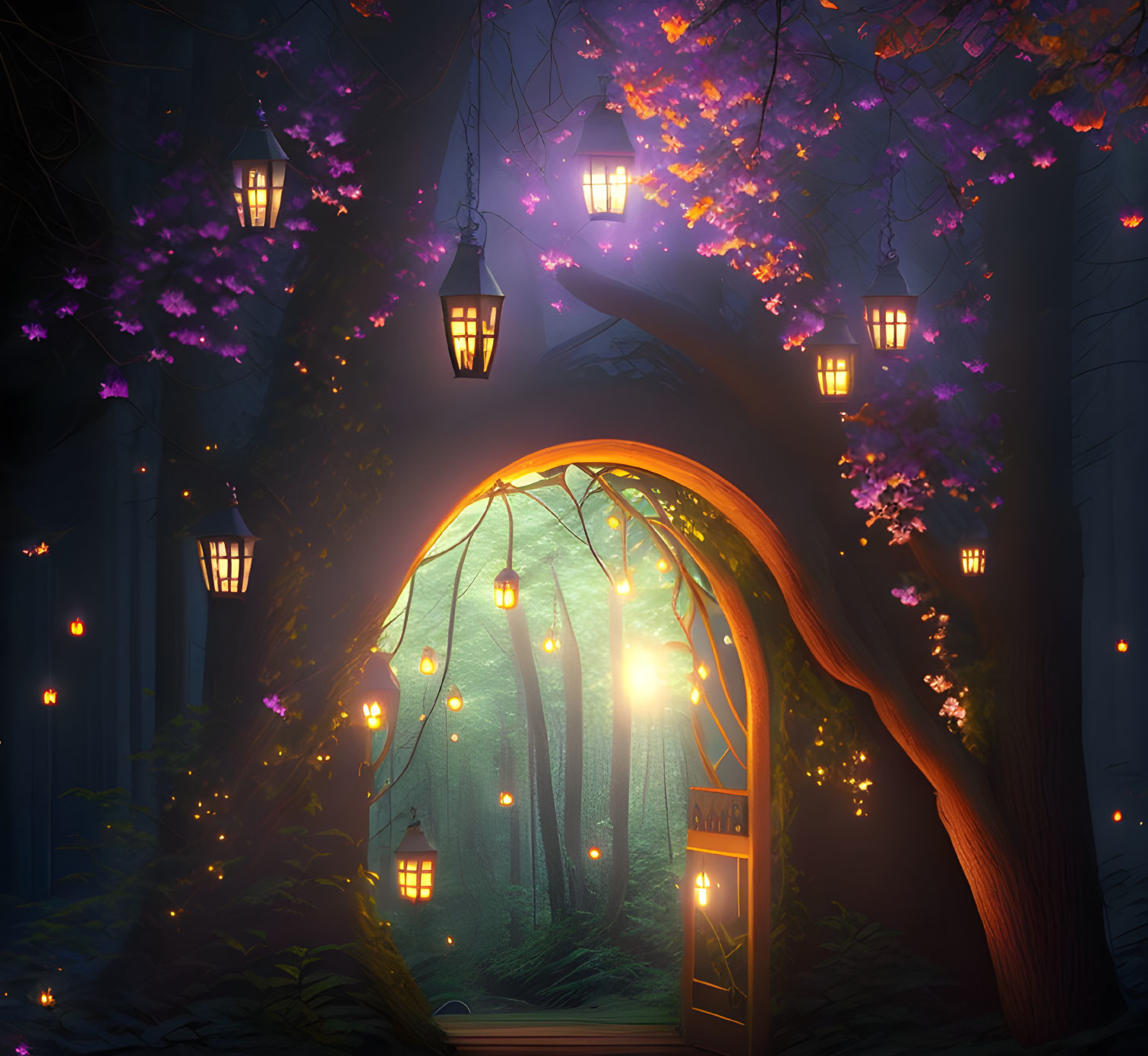 Twilight forest scene with glowing archway and hanging lanterns