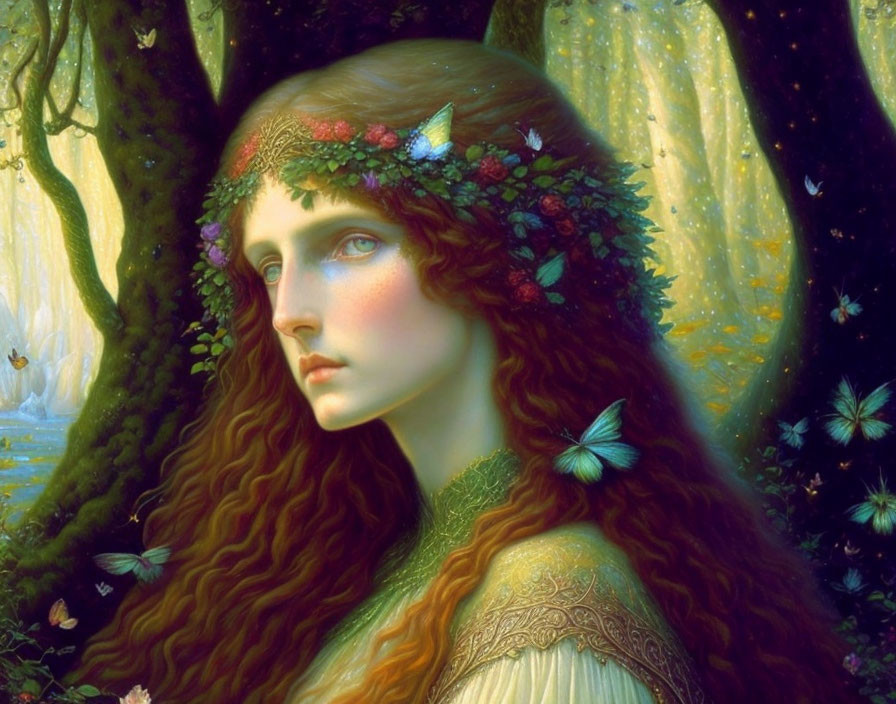 Fantastical portrait of a woman with red hair and leafy crown in enchanted forest