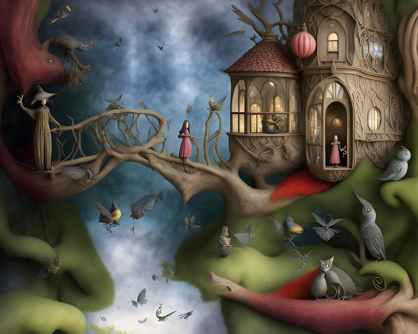 Enchanting forest treehouse with whimsical creatures and characters