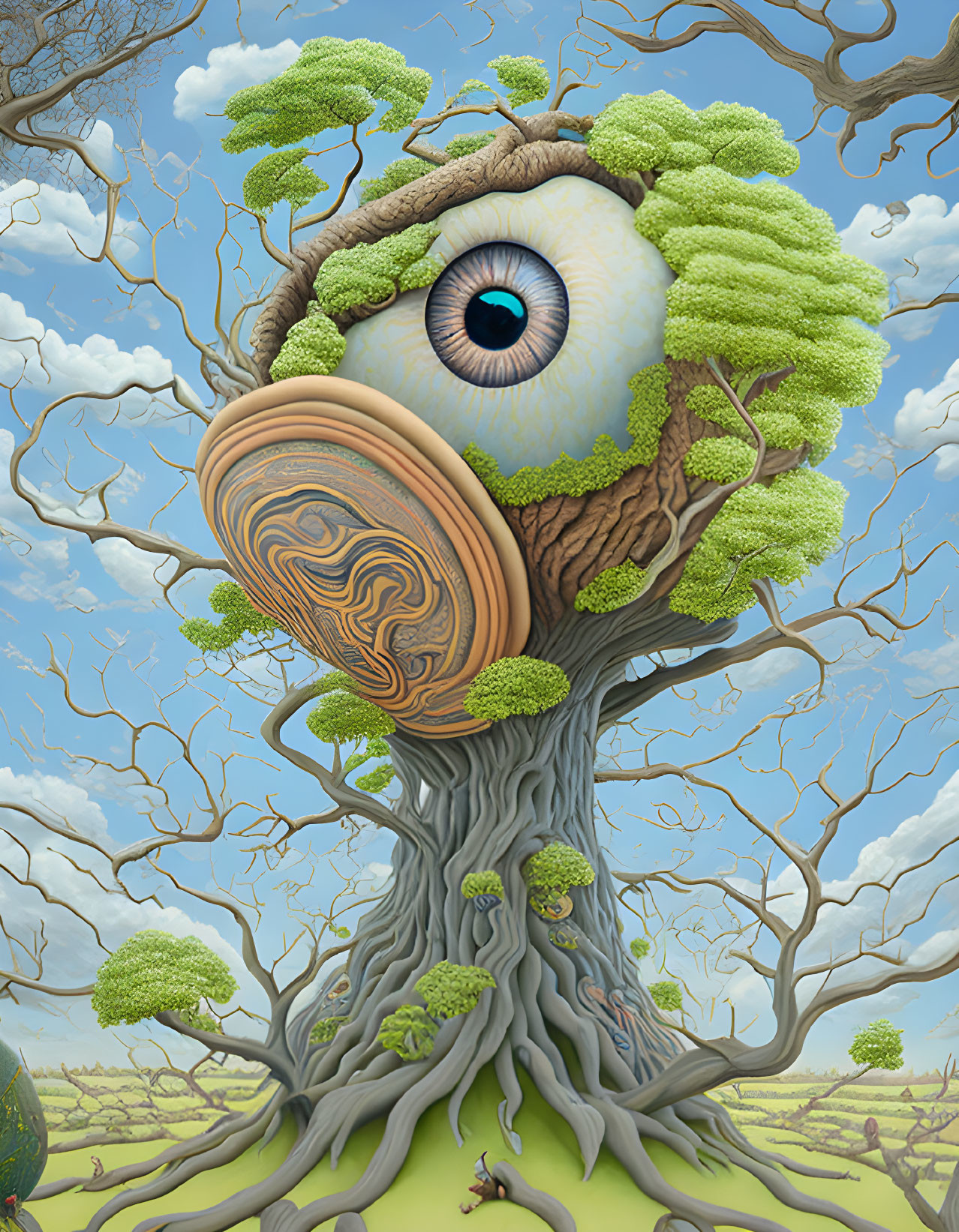 Surreal illustration of tree with eye canopy in whimsical landscape