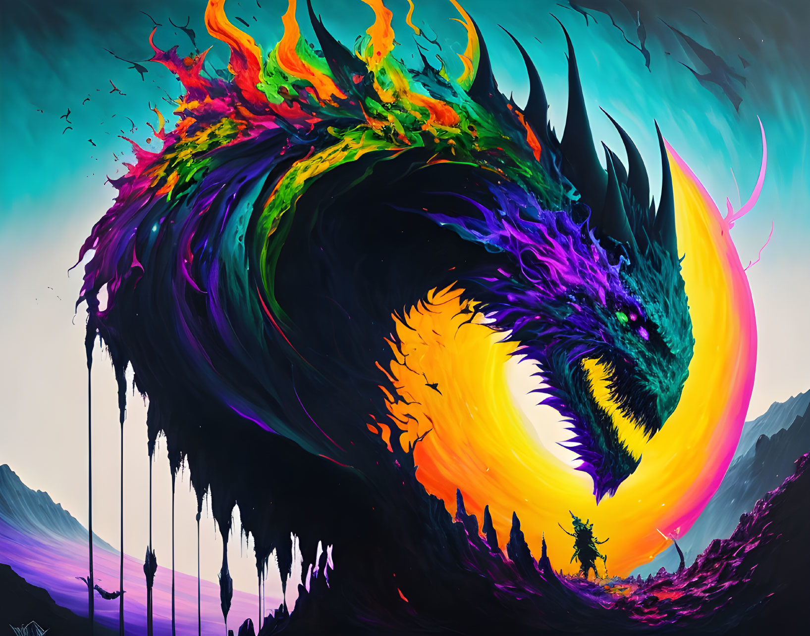 Colorful Dragon Artwork with Cosmic Landscape