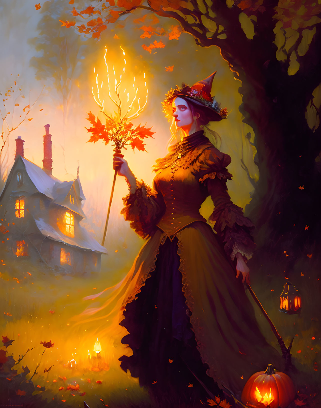 Mystical witch in autumn scene with jack-o'-lanterns and spooky house