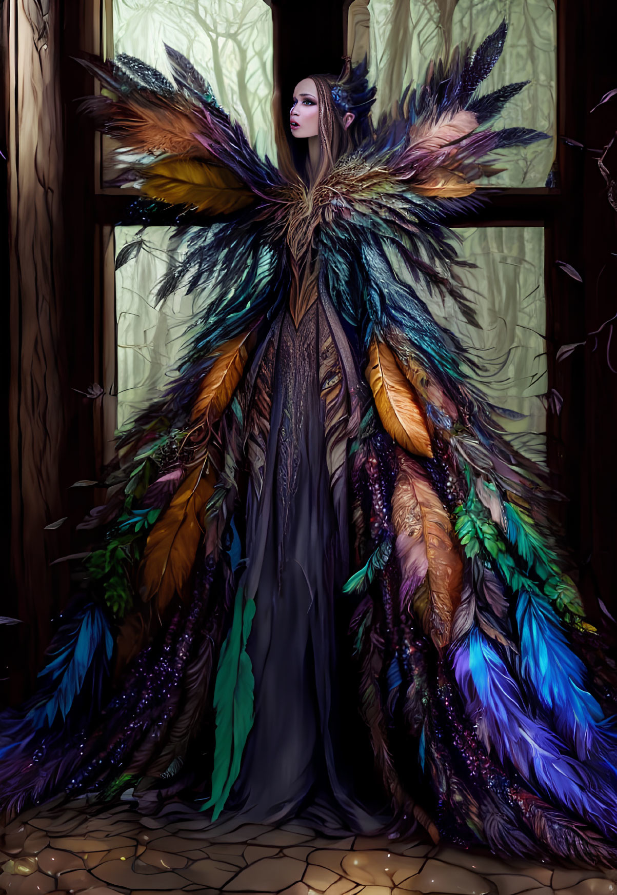 Person in Dark Gown with Colorful Feathered Collar in Dimly Lit Room