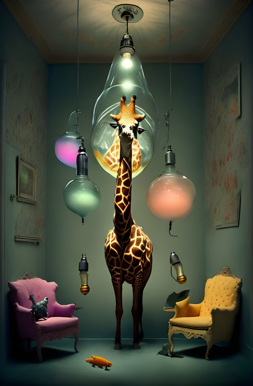 Giraffe in lightbulb-filled room with chairs and cat