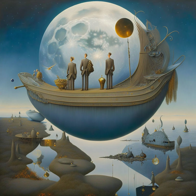 Three individuals on surreal boat with feathers under large moon in dreamlike landscape.