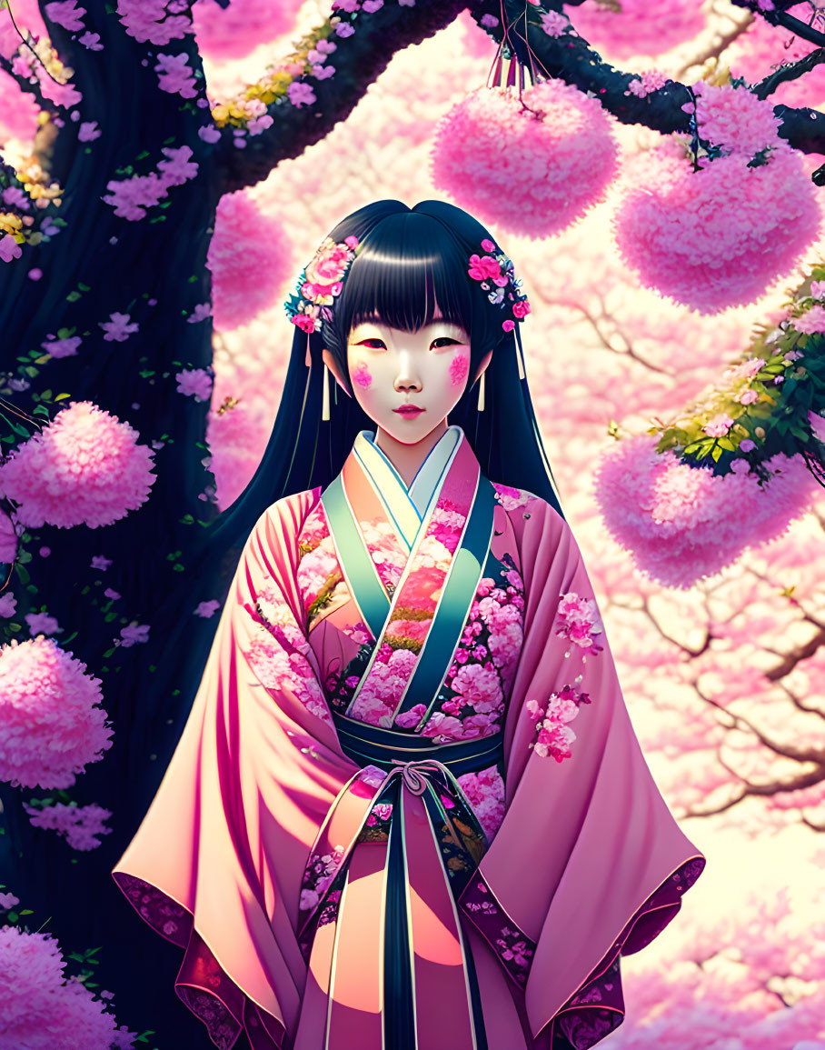 Illustrated female figure in traditional Japanese attire among pink cherry blossoms