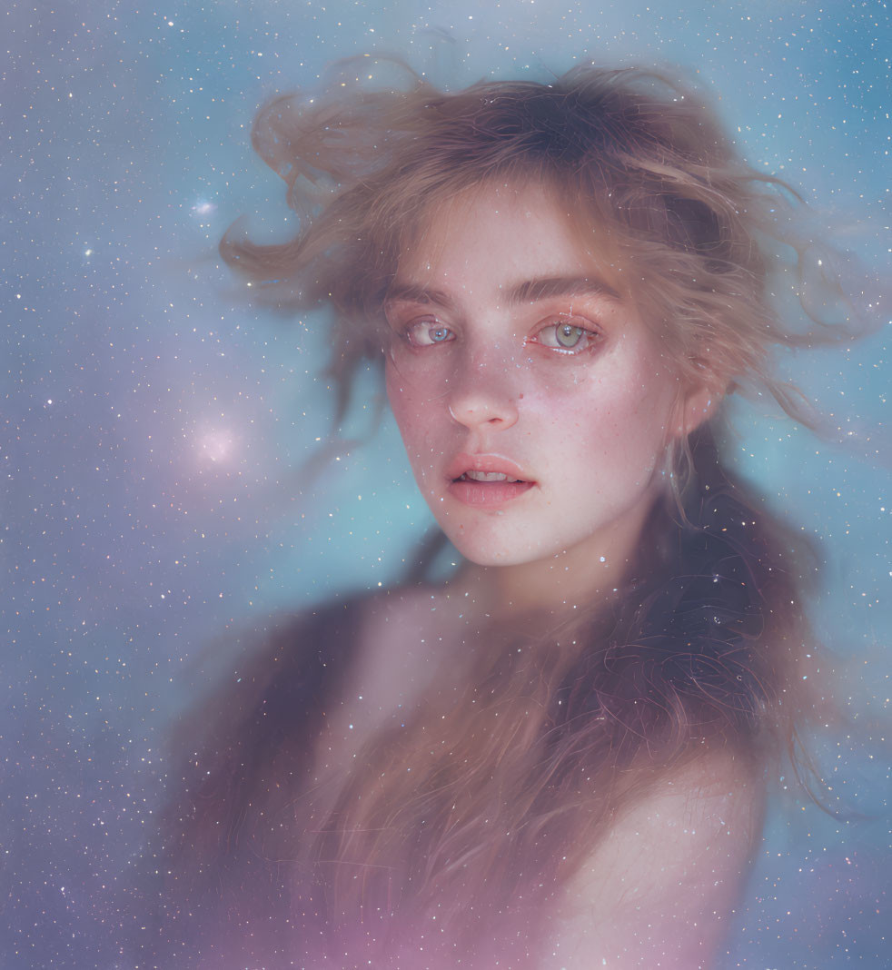 Captivating portrait of young woman with disheveled hair in soft, starry glow