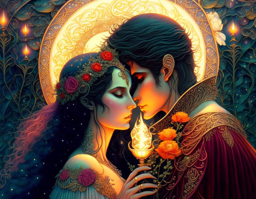 Romantic couple embracing in ornate moonlit scene