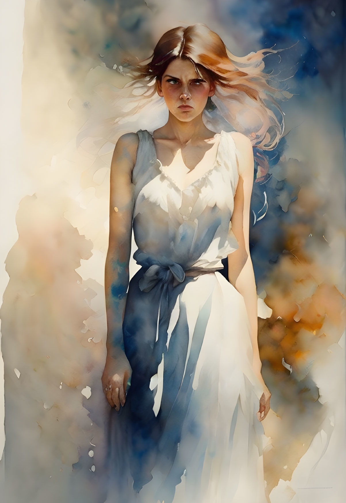 Young woman in flowing white dress with intense gaze on dreamy background