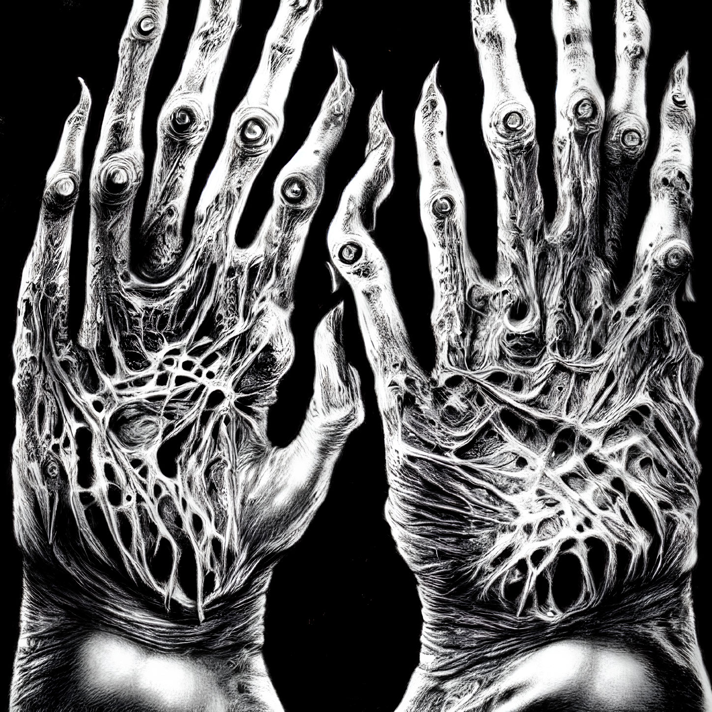 Pair of hands with eyes on fingers and vein-like patterns on dark background