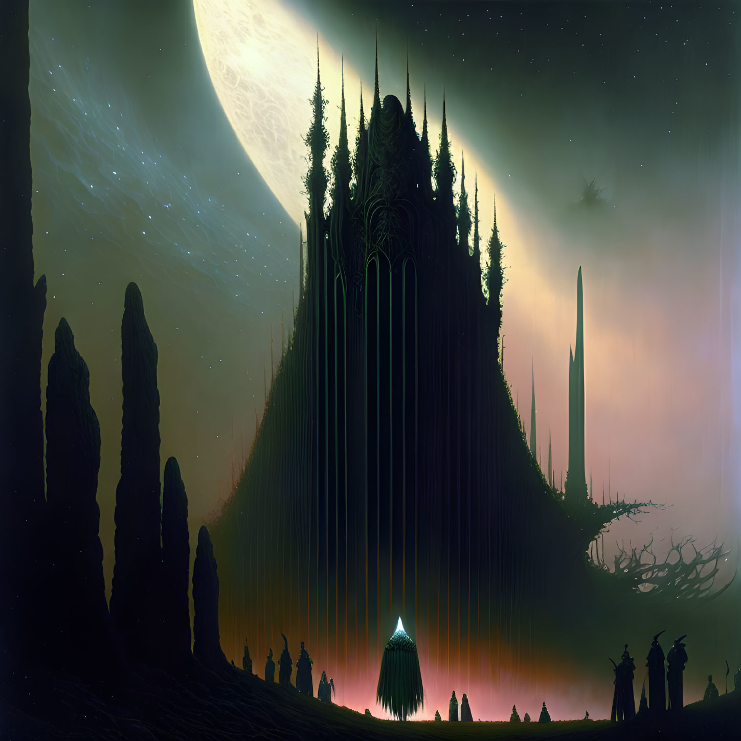 Mystical sci-fi landscape with towering spires and alien flora