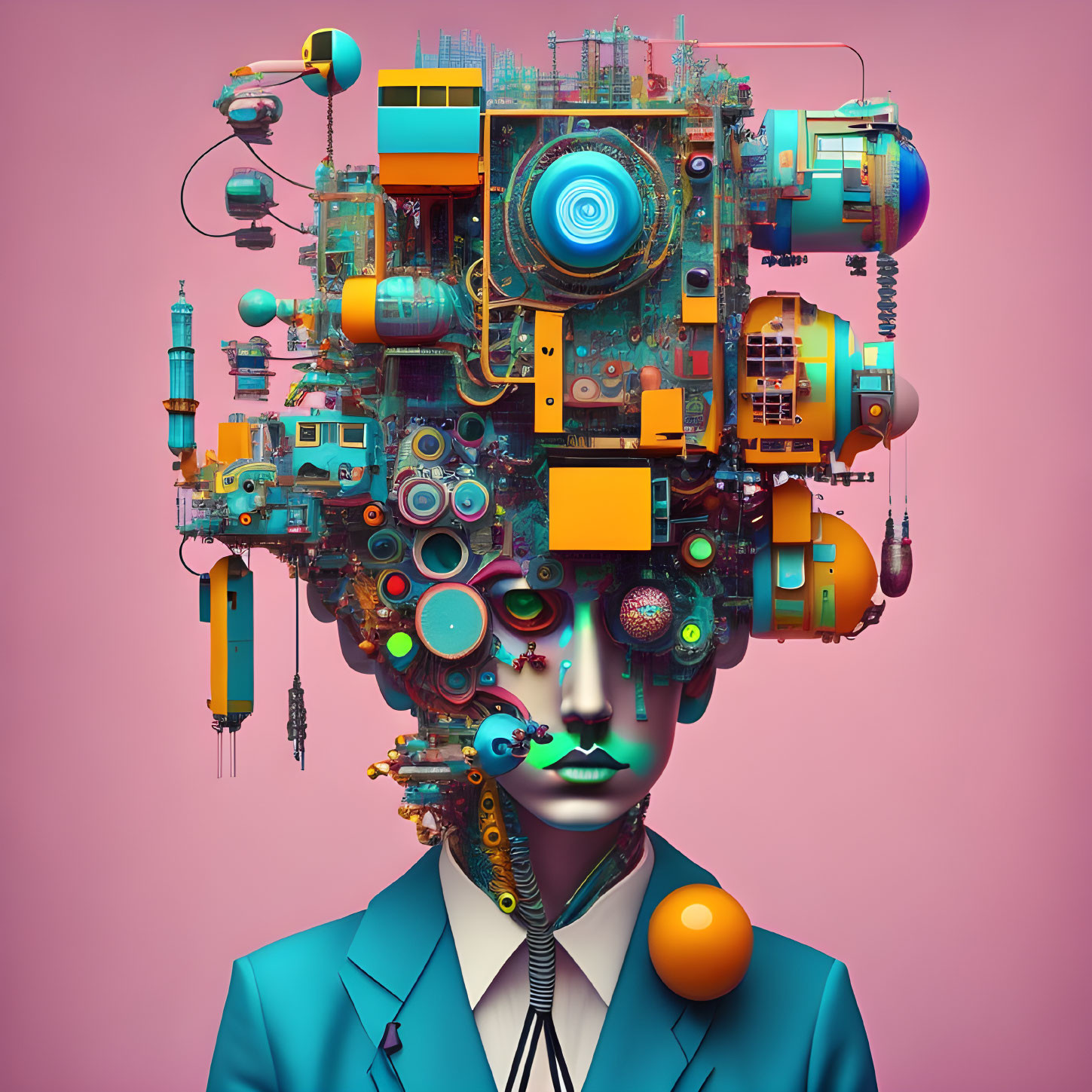 Colorful surreal portrait with head replaced by intricate machinery structure