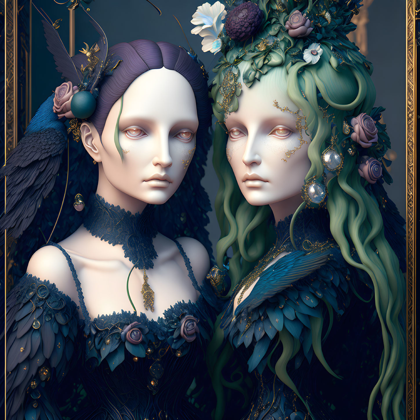 Ornate mystical female figures with peacock feathers and floral headpieces on dark vintage backdrop