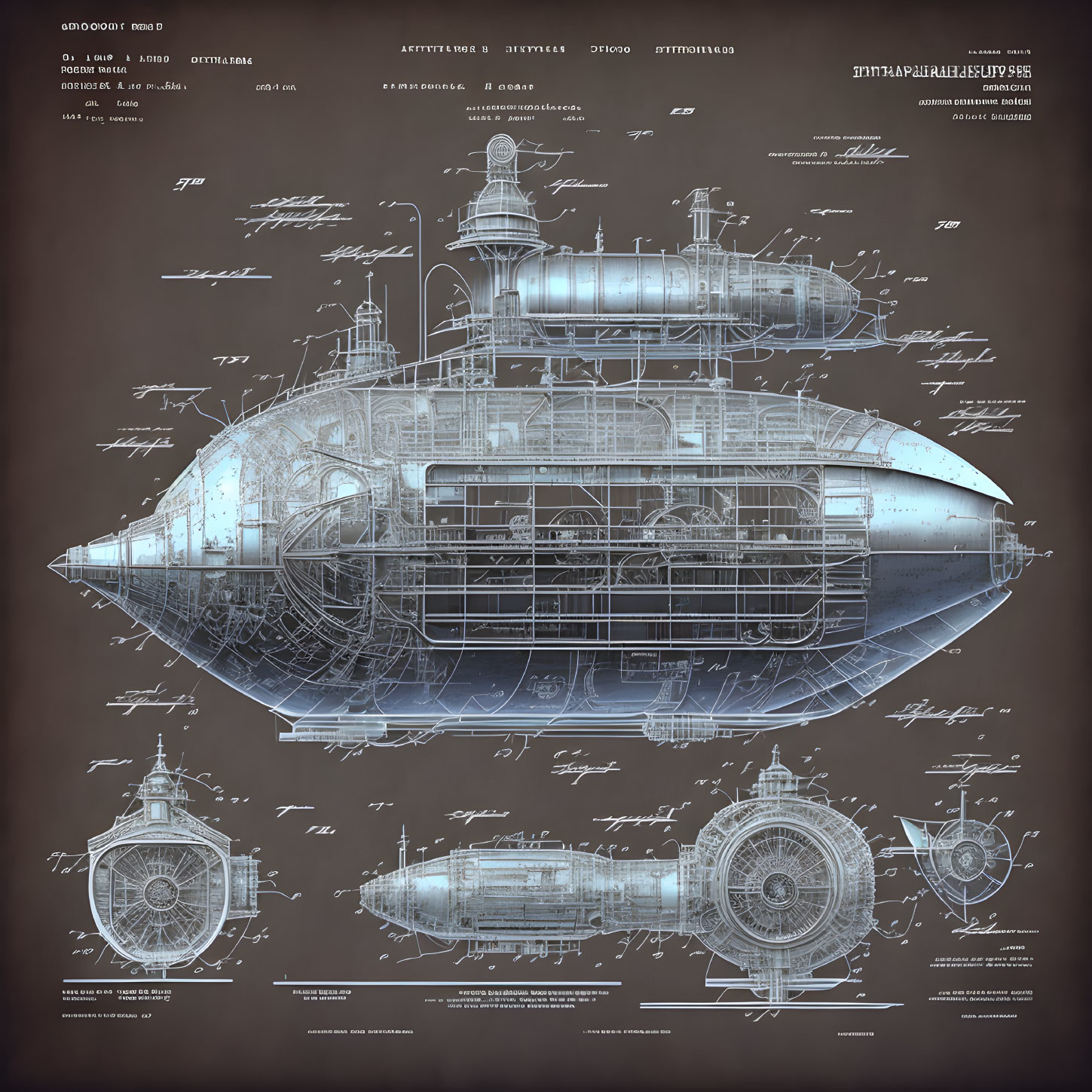 Detailed Vintage Submarine Blueprint Illustration with Cross-Sections