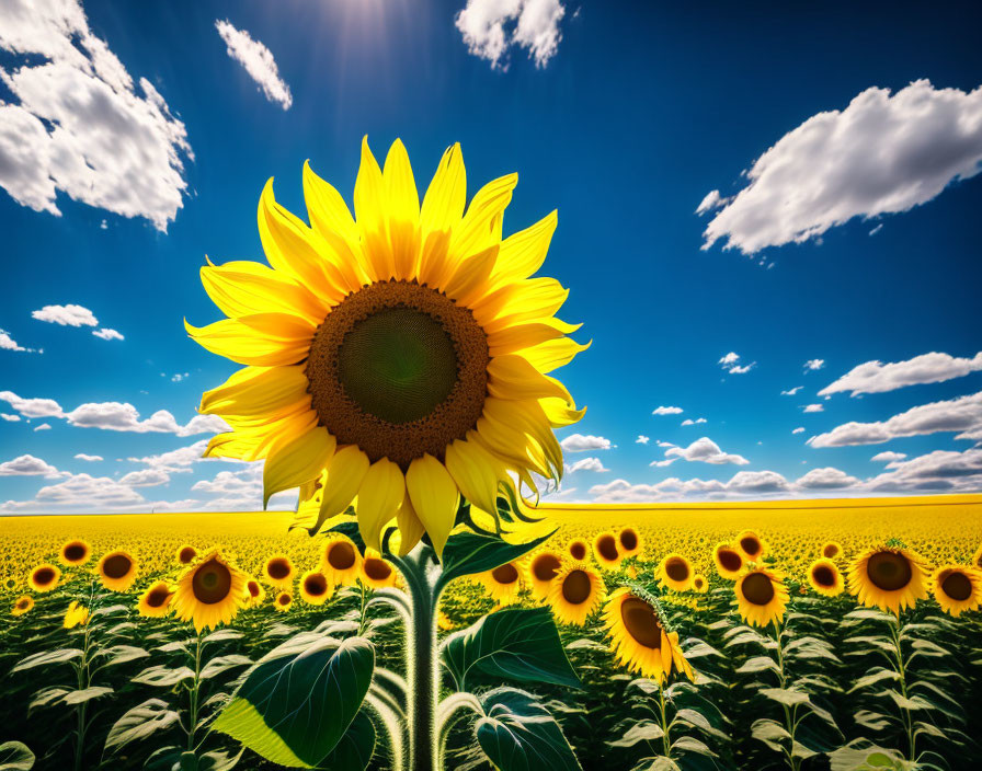 Vibrant sunflower in a sunflower field under blue sky