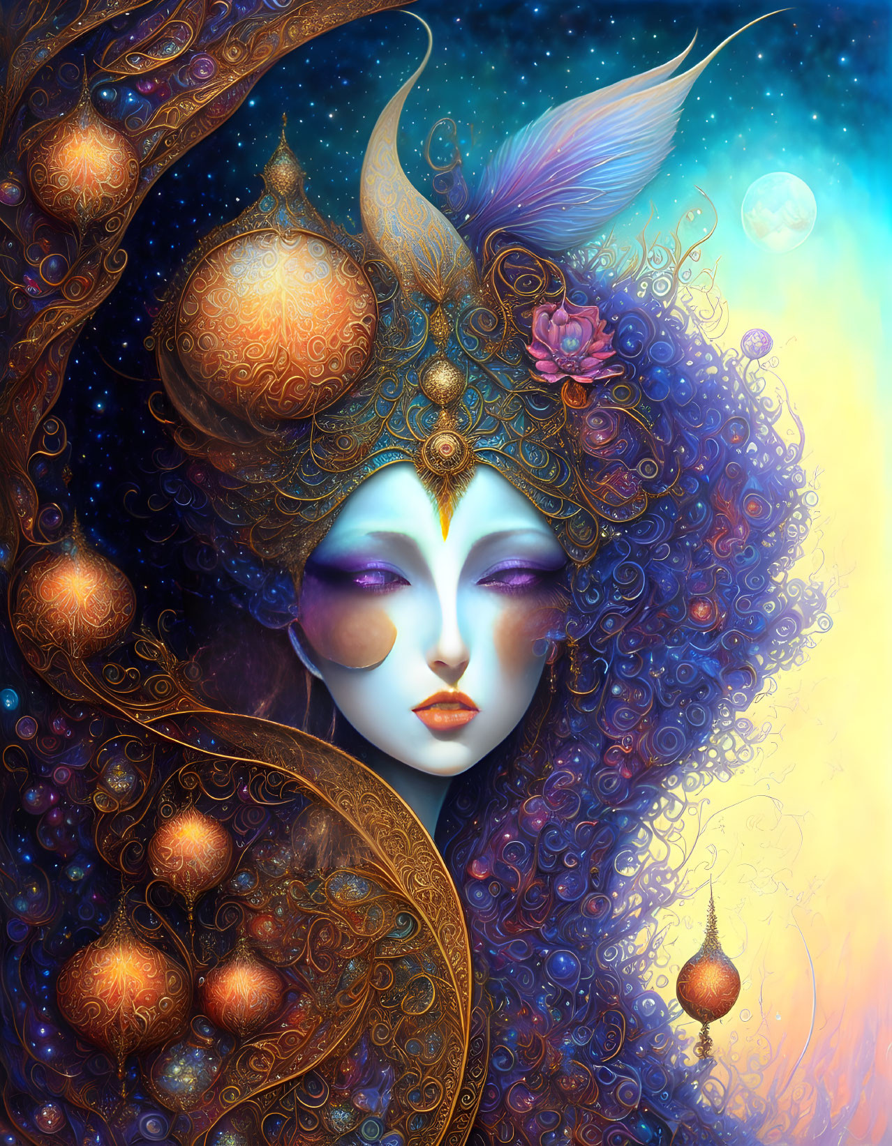 Colorful illustration: Mystical female entity with ornate headdress & cosmic background