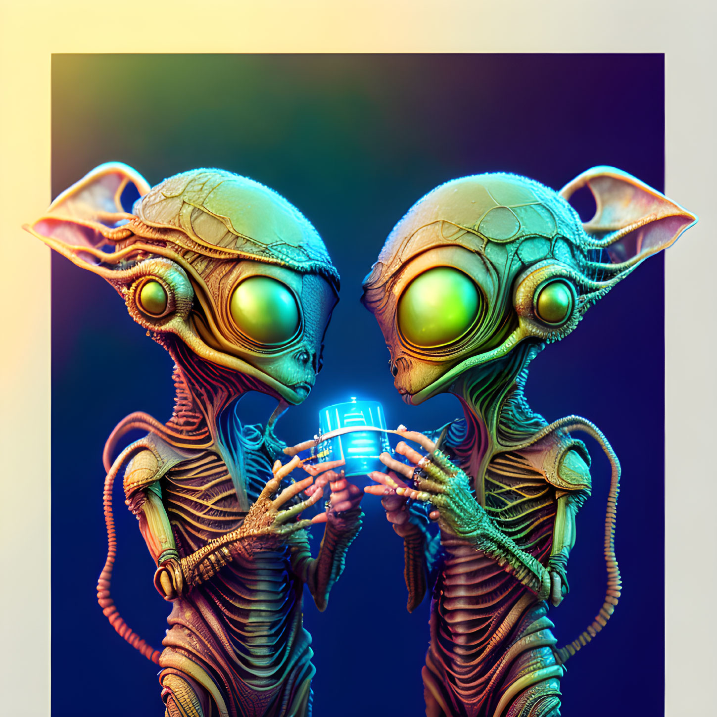 Stylized extraterrestrial creatures touching foreheads with glowing orb on gradient background