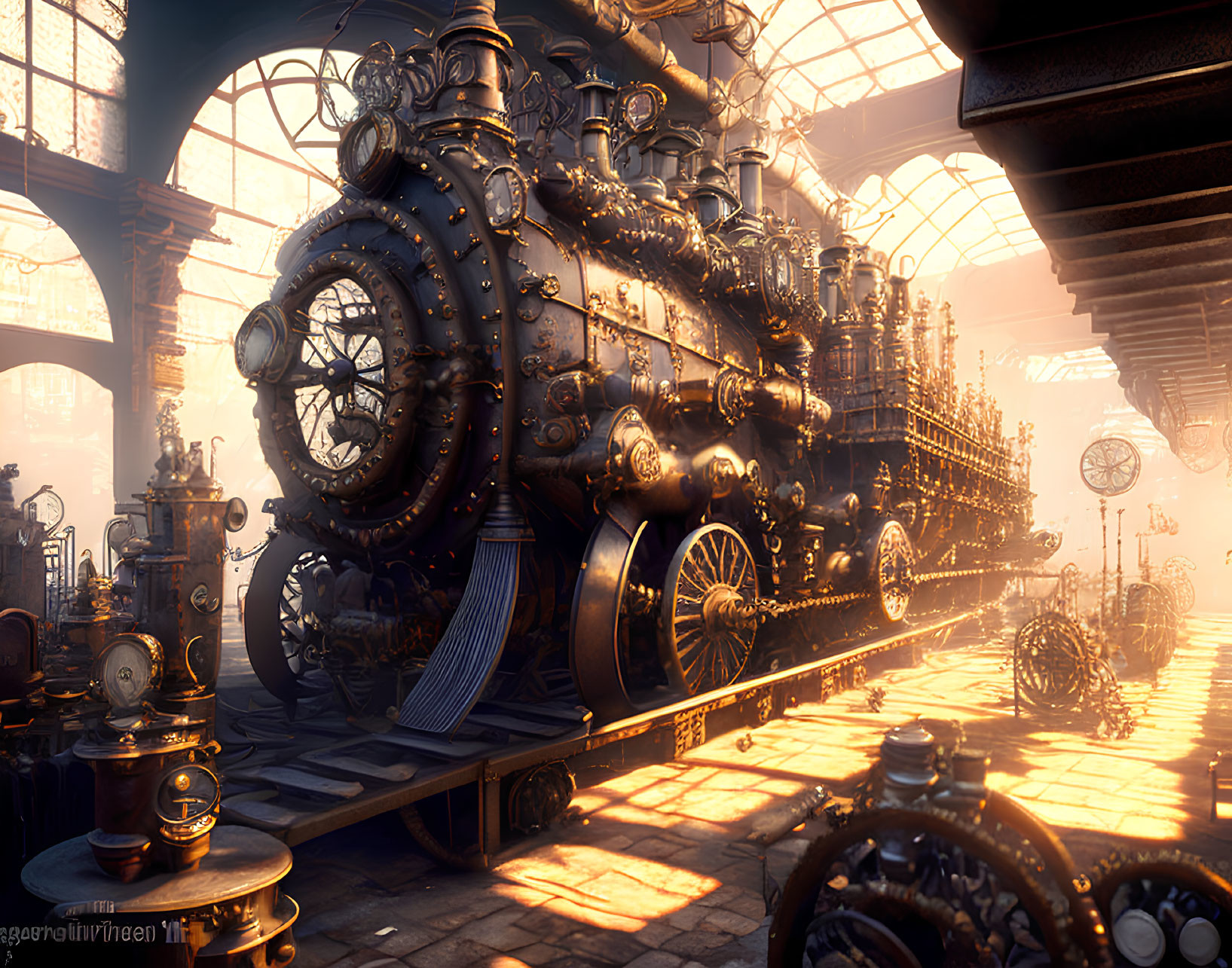 Detailed Steam-Powered Locomotive in Industrial Train Depot