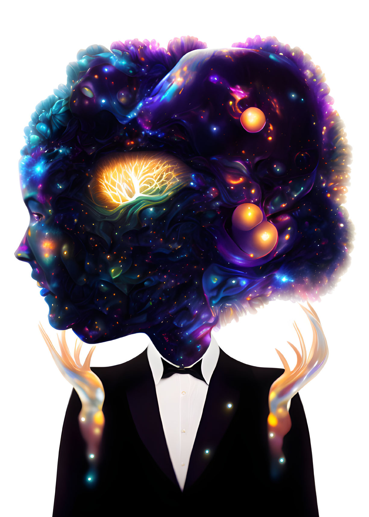 Cosmic-themed surreal portrait with starry head and glowing antler-like structures