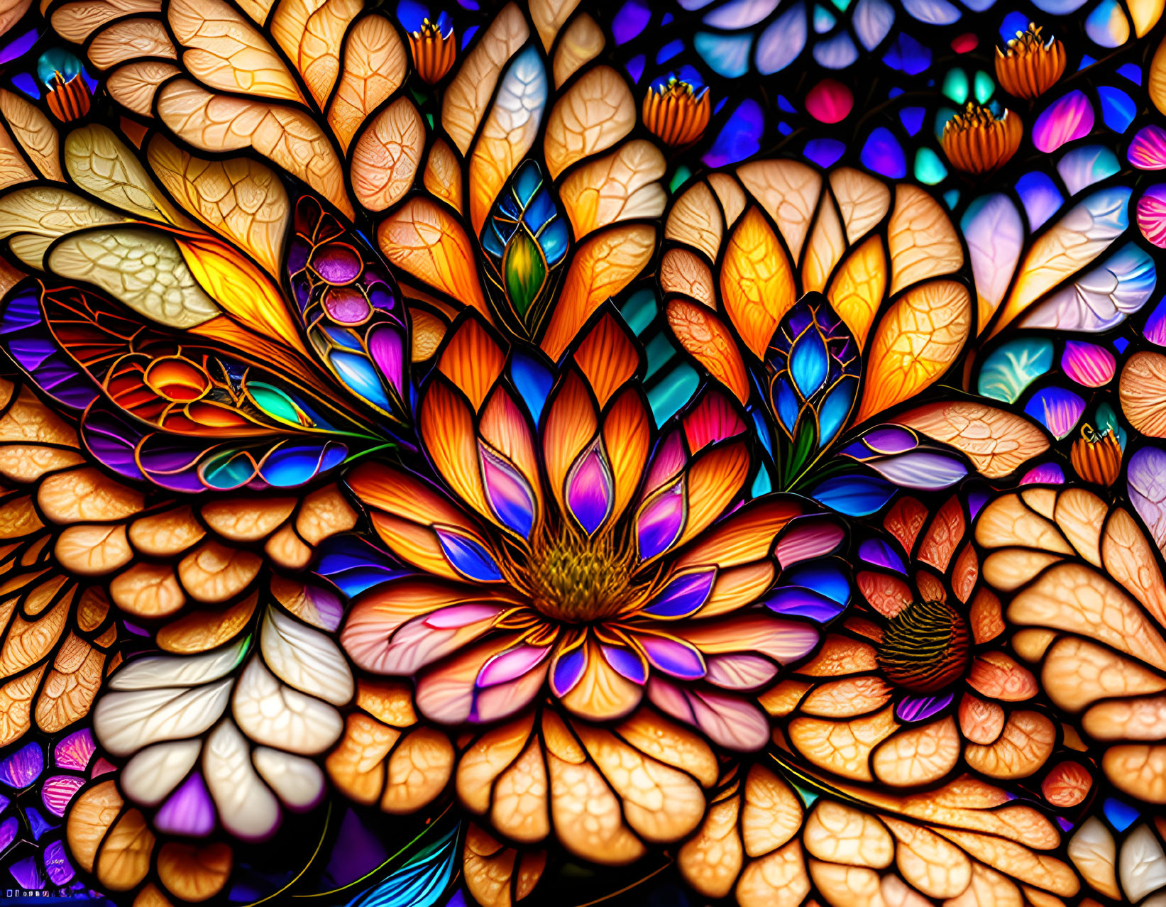 Colorful Stylized Flowers with Glowing Outlines & Intricate Patterns