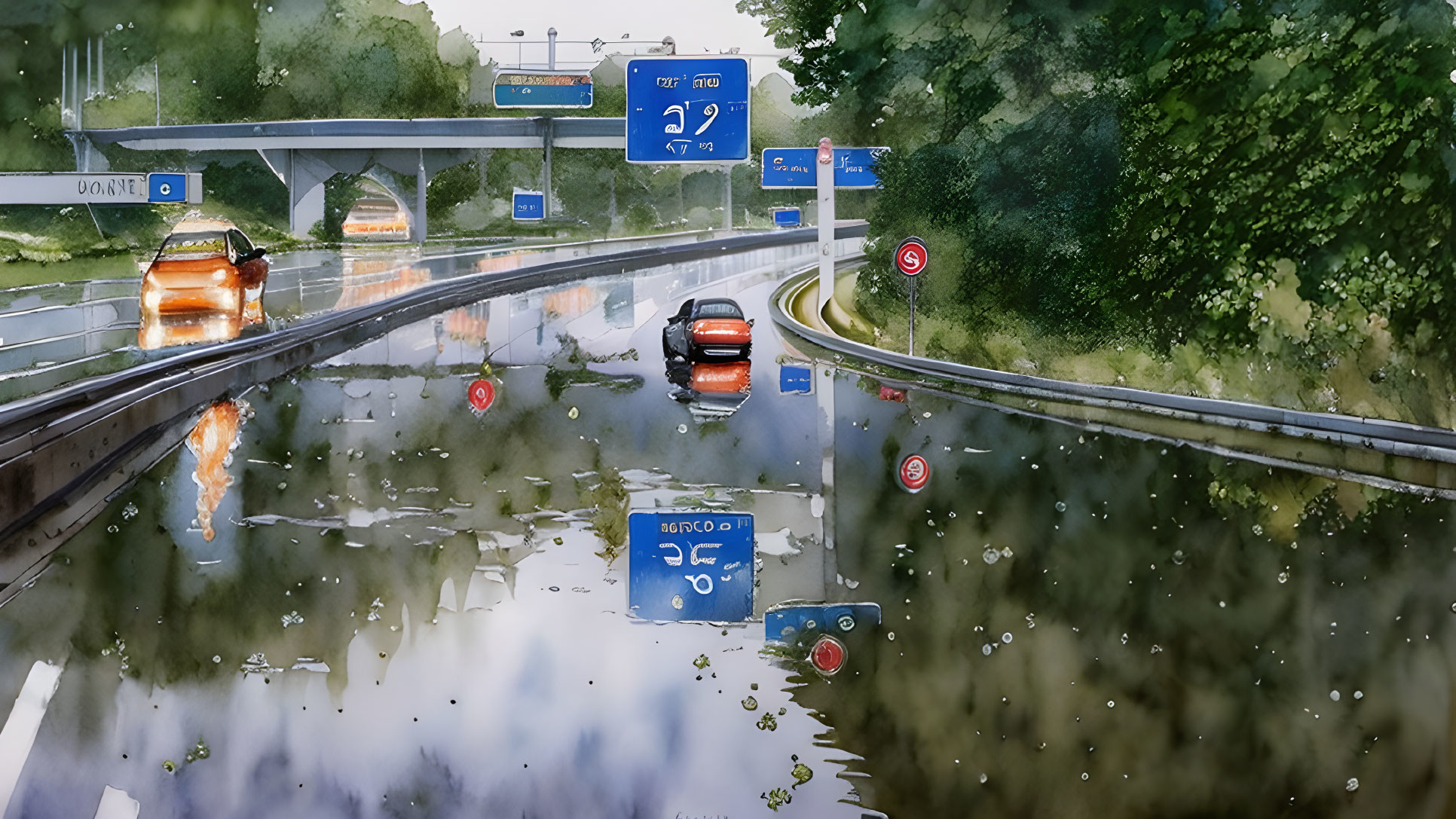 Rainy day scene with wet road, cars, road signs, and water drops on window