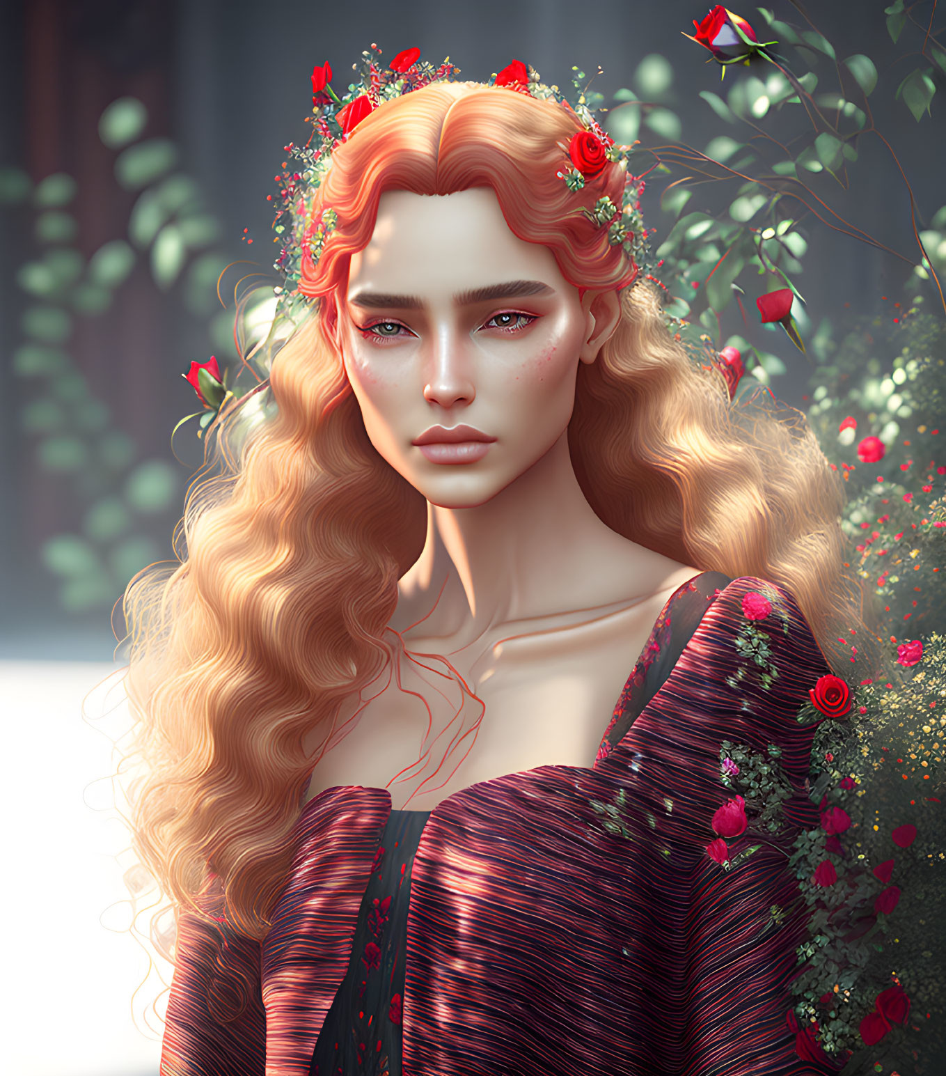 Woman with Curly Hair and Red Flowers in Deep Red Outfit Portrait