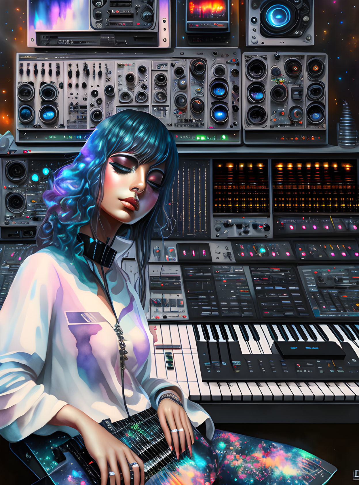 Futuristic digital art: woman with blue hair playing electric guitar