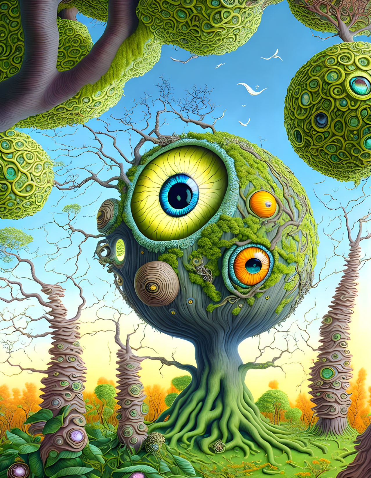 Surreal landscape with eye-shaped trees, spherical foliage, and colorful sky