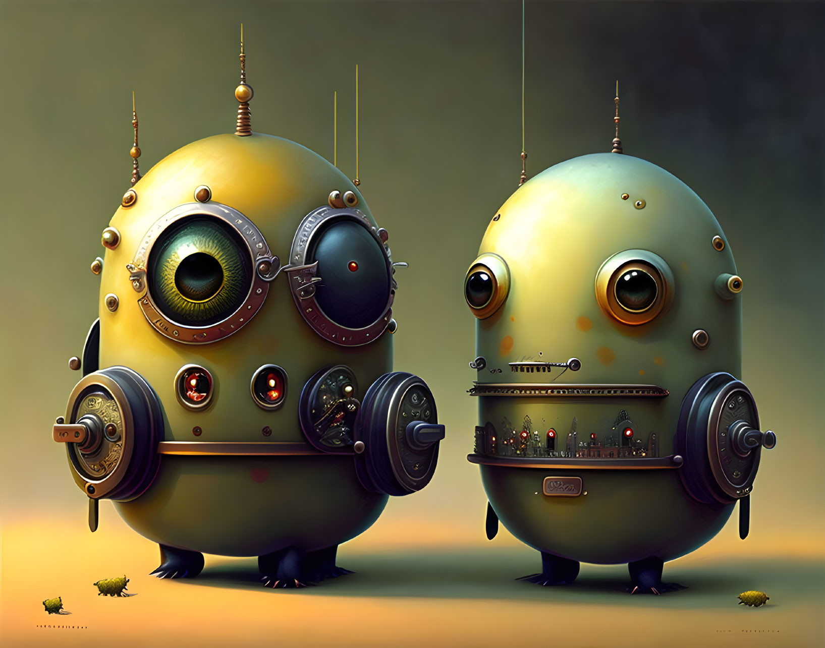 Vintage-Style Robots with Dials and Central Eye on Gradient Background