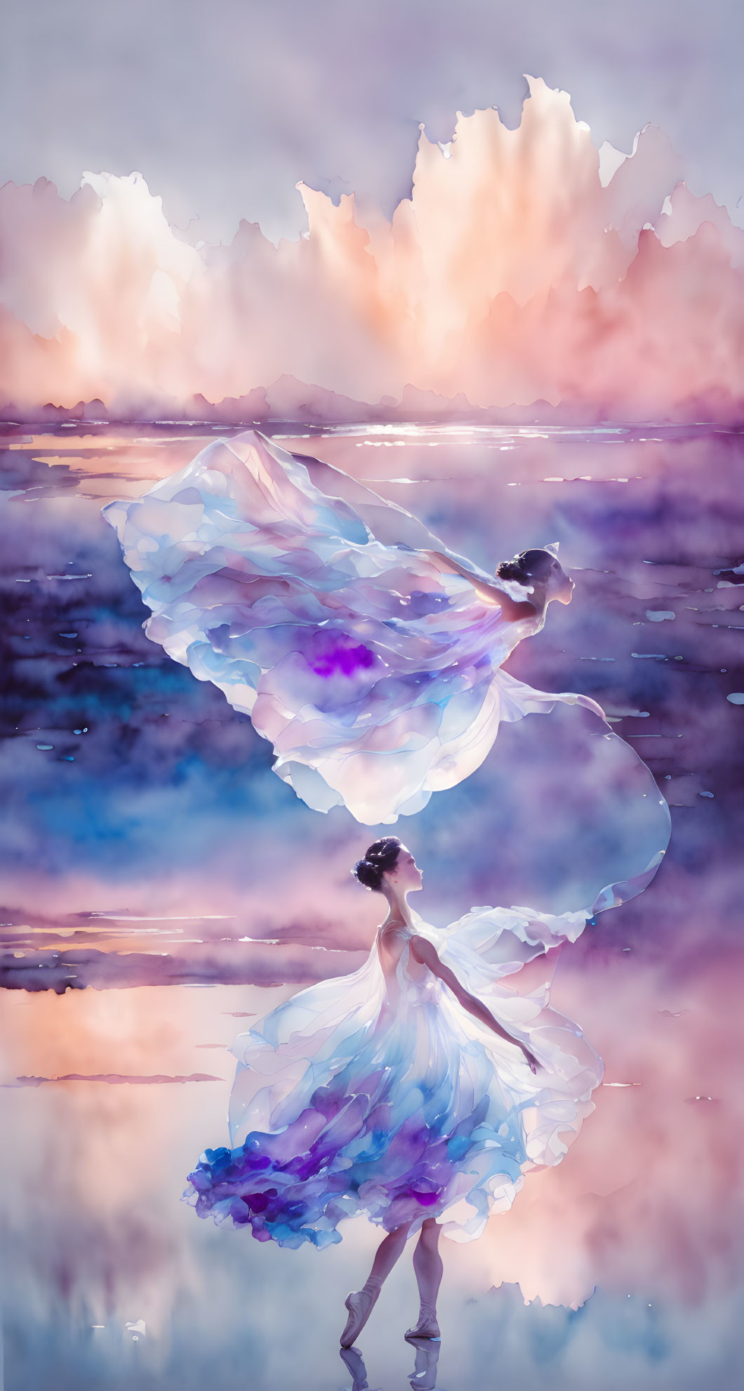 Whimsical watercolor painting of ballerina with wings in pastel sunset