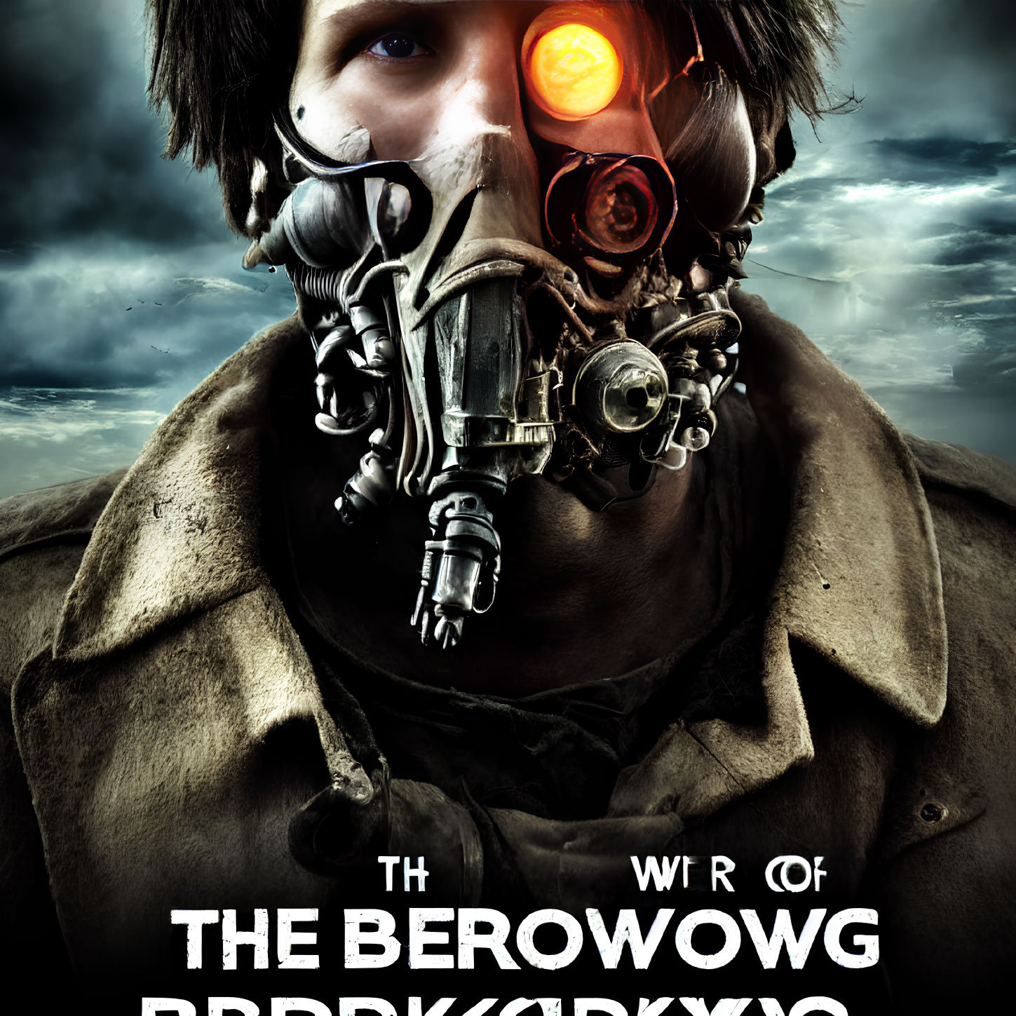 Gas Mask Person with Red Lens and Mechanical Parts on Stormy Sky Background