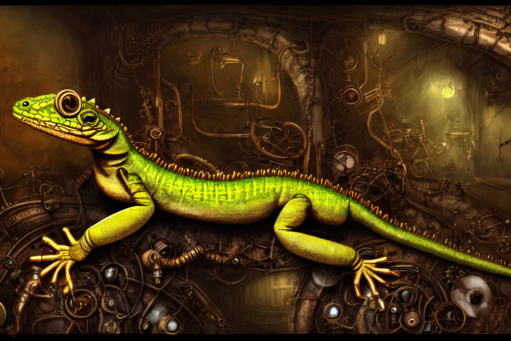 Colorful gecko on steampunk background with gears and pipes