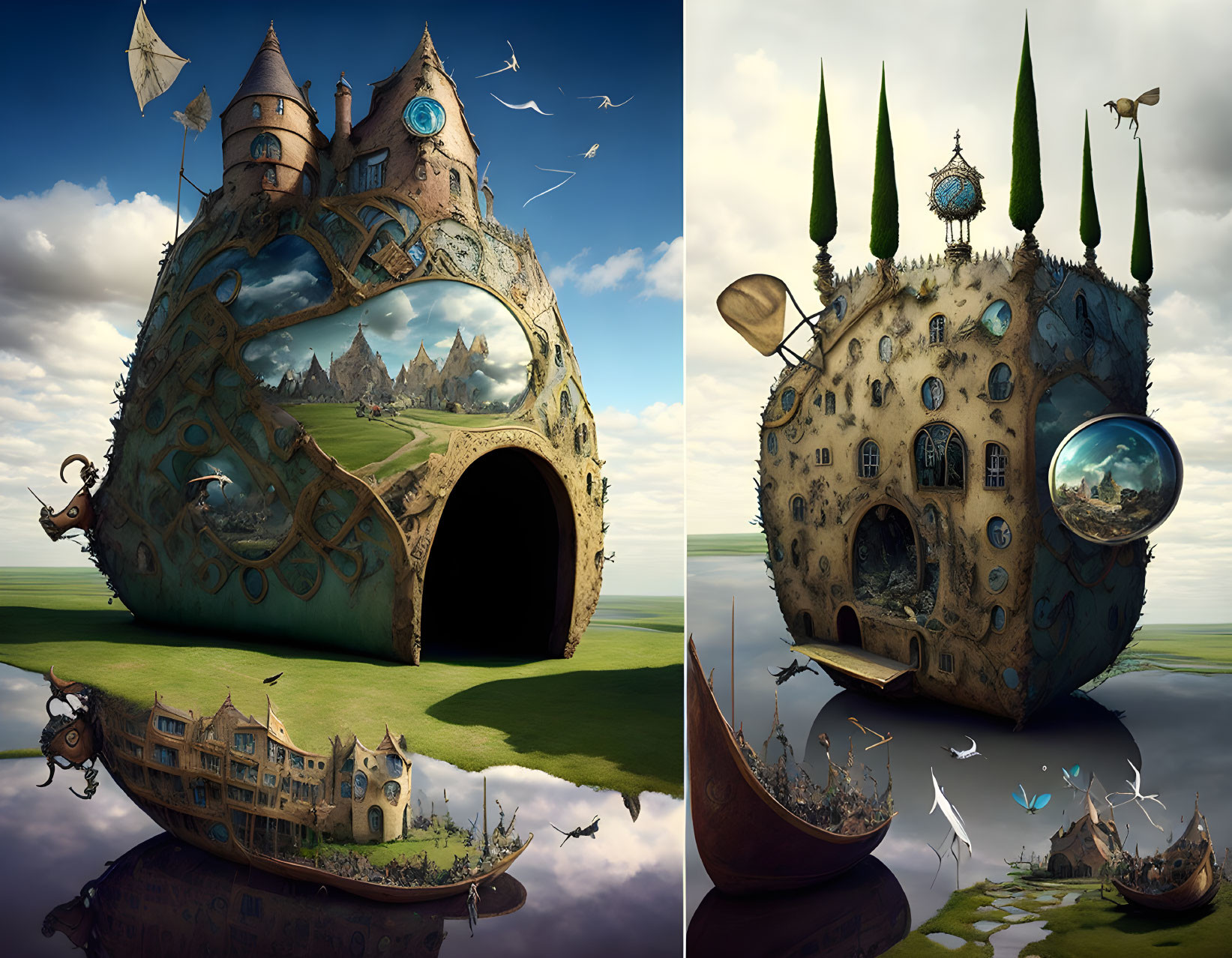 Surreal spherical floating islands with castles, birds, boats, cloudy skies